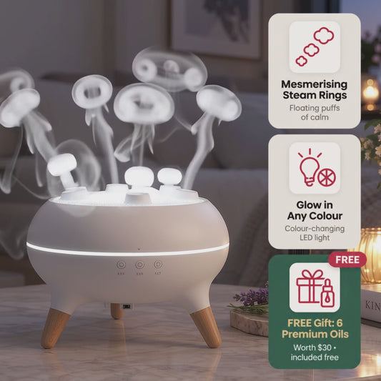 Lumora Moon Jelly Diffuser puffing glowing jellyfish rings of mist