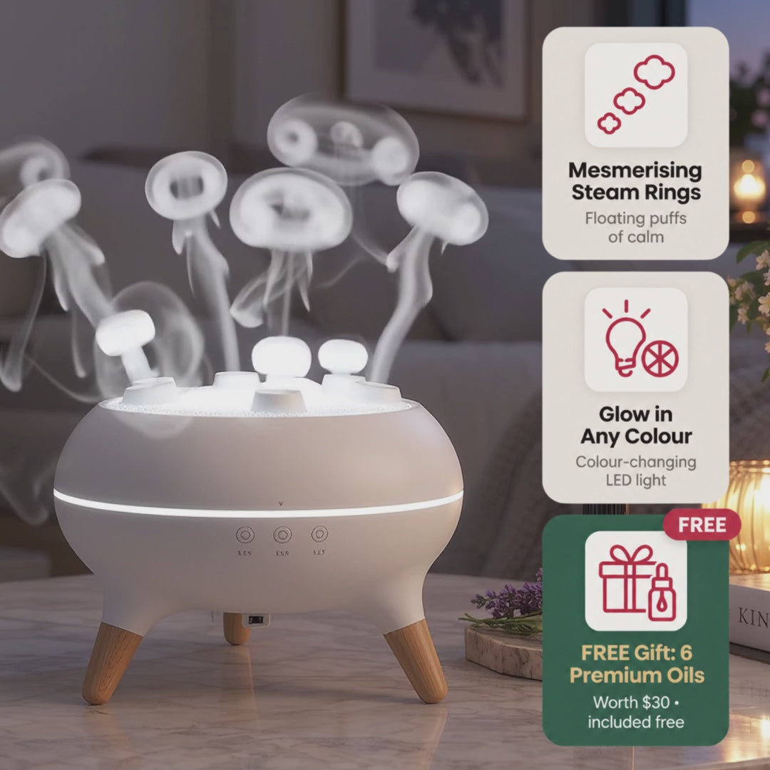 Lumora Moon Jelly Diffuser puffing glowing jellyfish rings of mist